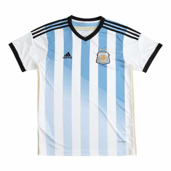 Argentina Retro Home | 2014 | Fan Version jersey featuring light blue and white stripes with black trims and Adidas logo.