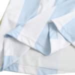 Close-up of Argentina Retro Home 2014 jersey fabric showing light blue and white stripes with fine stitching details. Fan version.
