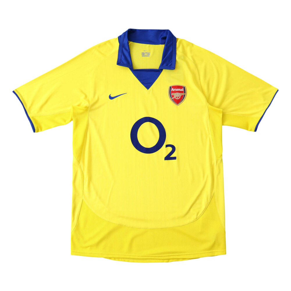 Arsenal Retro Away 2003/04 Fan Version Jersey, yellow with blue accents, Nike logo and O2 sponsor emblem on the front.