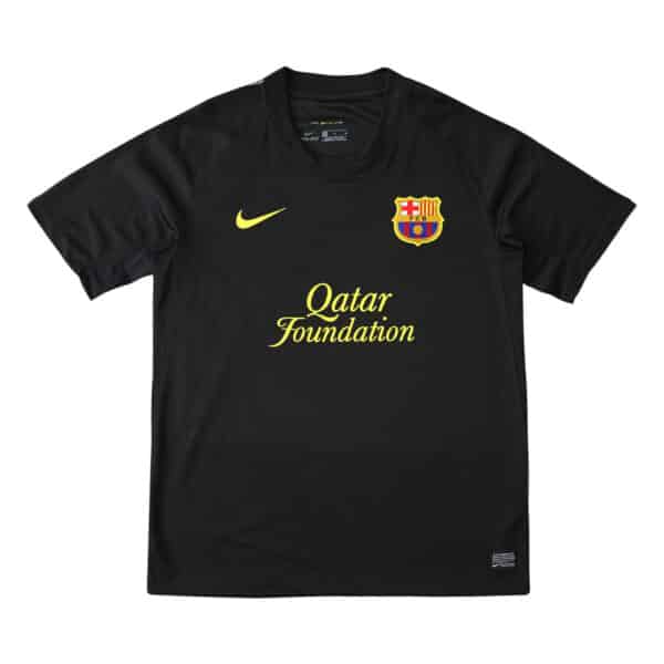 Barcelona Retro Away 2011/12 Fan Version jersey, black with yellow Nike logo, club crest, and Qatar Foundation sponsor.