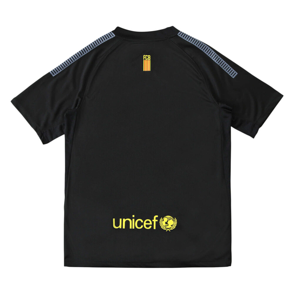 Barcelona Retro Away Fan Version Jersey | 2011/12, black with UNICEF logo at the bottom backside and yellow details.