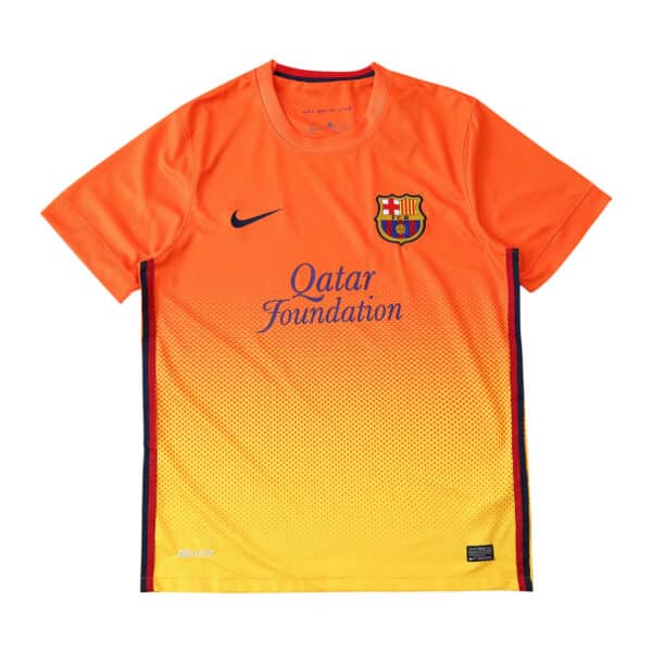Barcelona Retro Away 2012/13 Fan Version; orange gradient jersey with dark red accents, Nike logo, and Qatar Foundation sponsor.