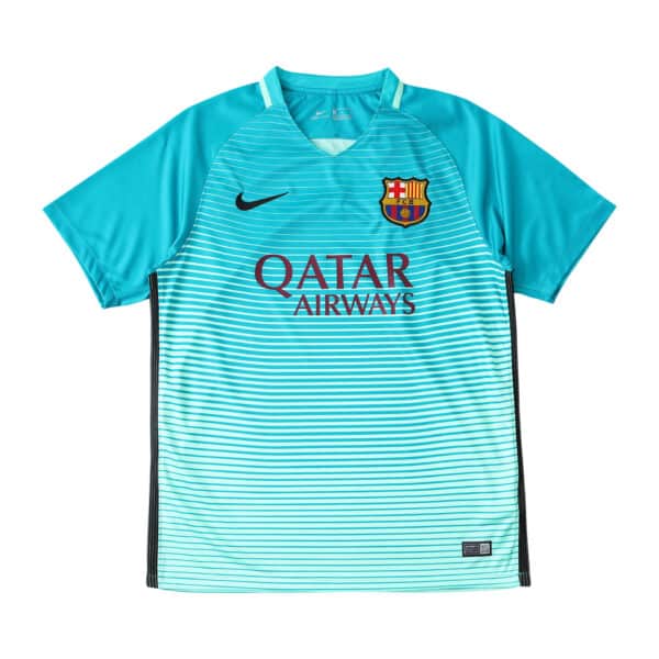 Barcelona Retro Third | 2016/17 | Fan Version jersey in turquoise with Qatar Airways logo, Nike symbol, and club badge.