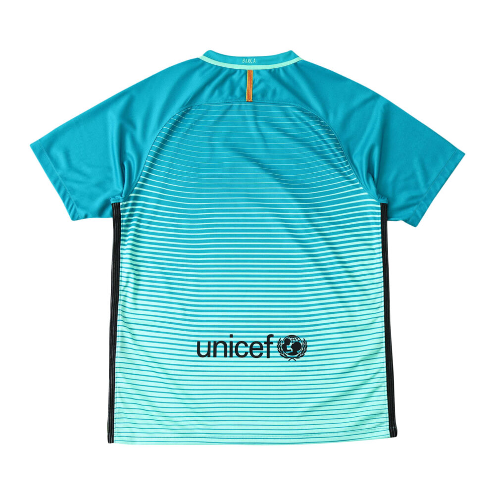 Back view of Barcelona Retro Third 2016/17 Fan Version jersey, featuring teal gradient design and UNICEF logo at the bottom.