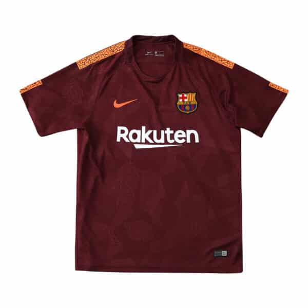 Barcelona Retro Third Jersey | 2017/18 Season | Fan Version, maroon with orange accents and Rakuten logo.