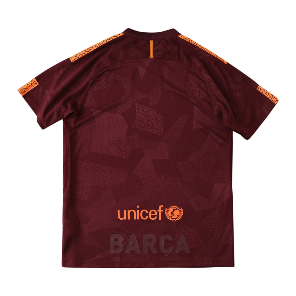 Rear view of Barcelona Retro Third Fan Version Jersey from the 2017/18 season, featuring maroon color and UNICEF logo.