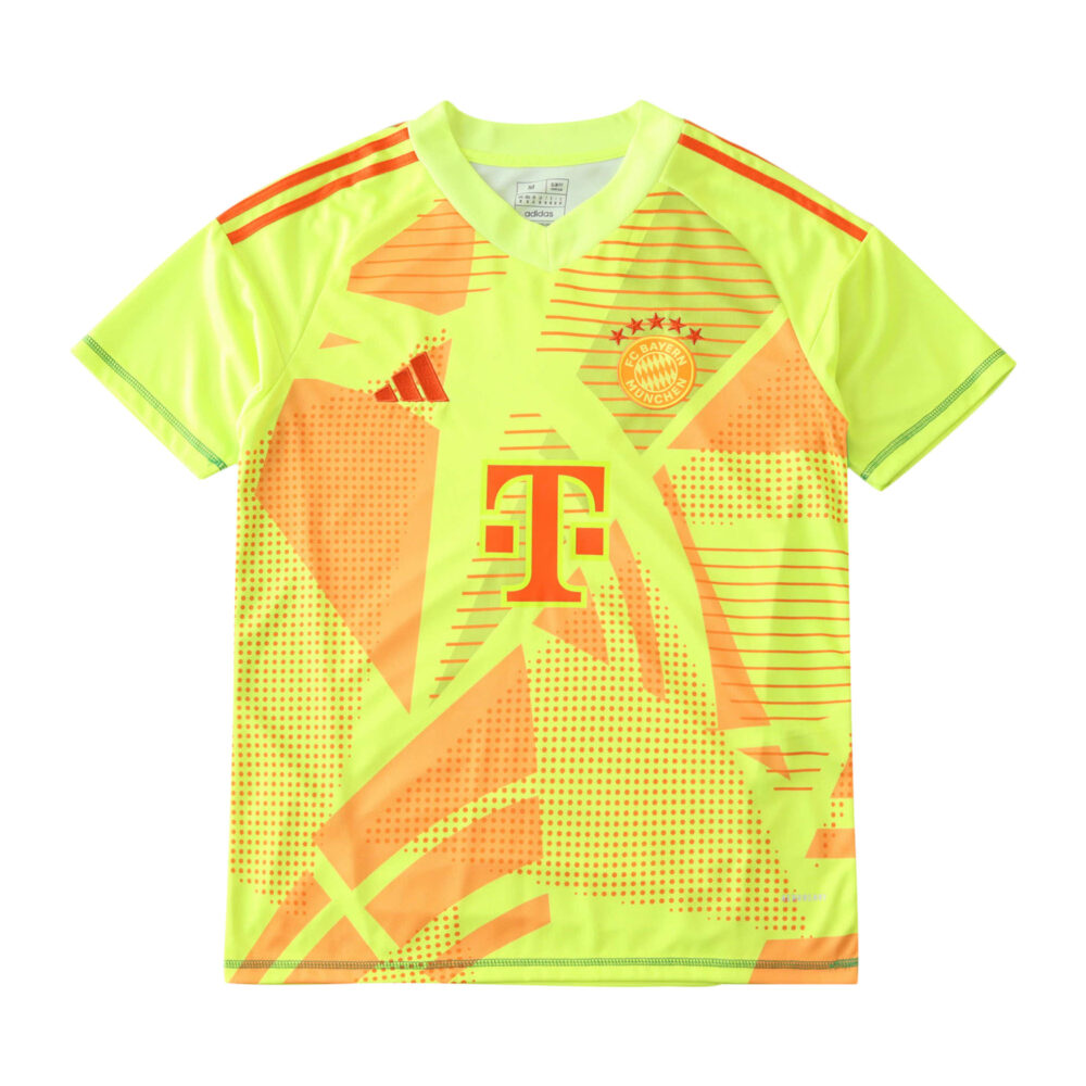 Bayern Munich Goalkeeper Jersey | 2024/25 | Fan Version jersey in neon yellow with red accents and club crest displayed.