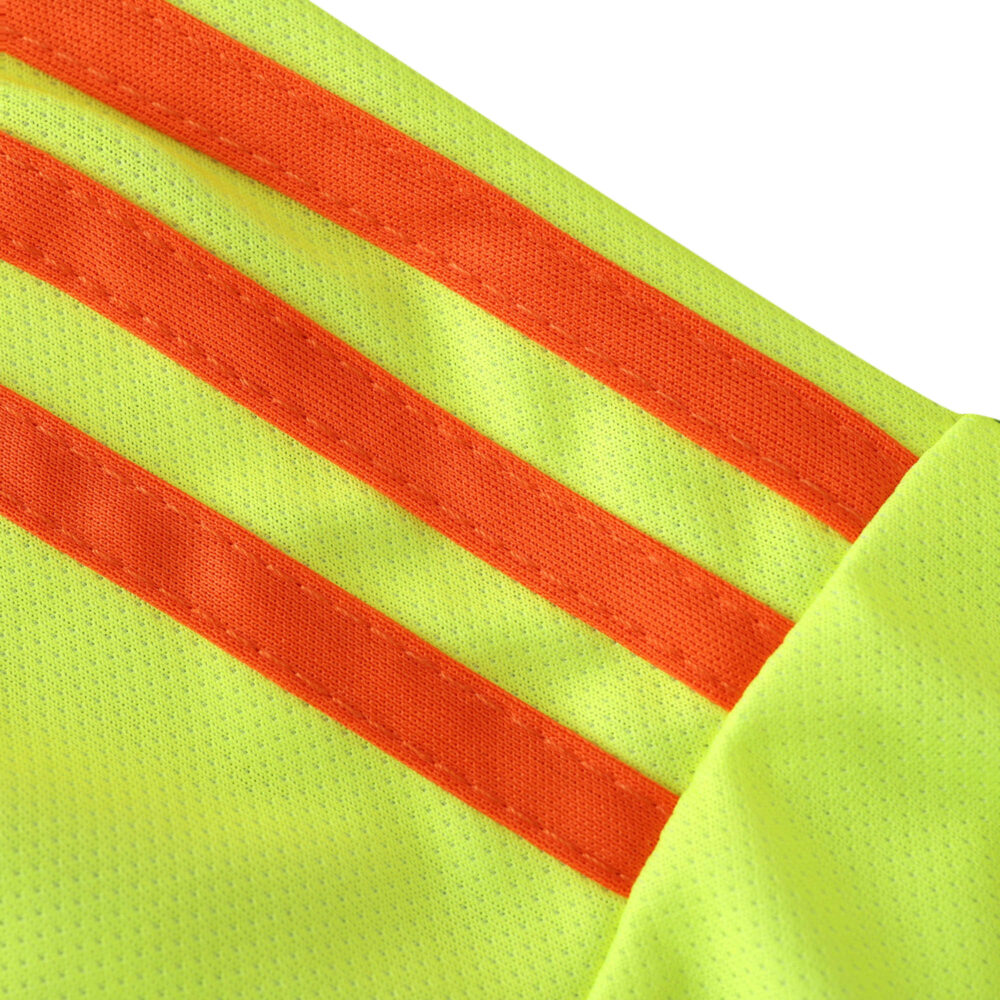 Close-up of the Bayern Munich 2024/25 Goalkeeper Fan Version jersey, featuring neon yellow fabric with bold red stripes.