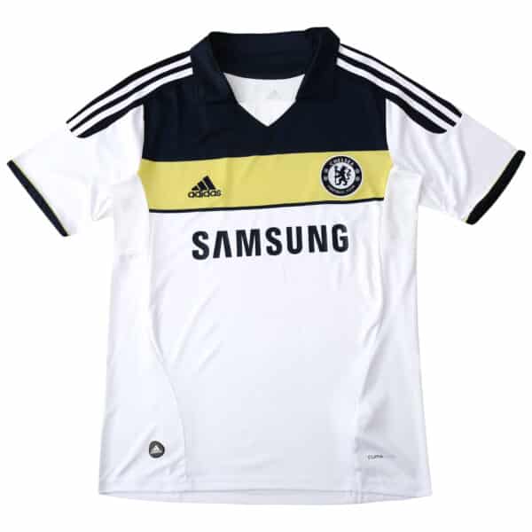 Chelsea Retro Away 2011/12 Fan Version soccer jersey with Samsung logo, Adidas branding, and black-white-yellow color scheme.