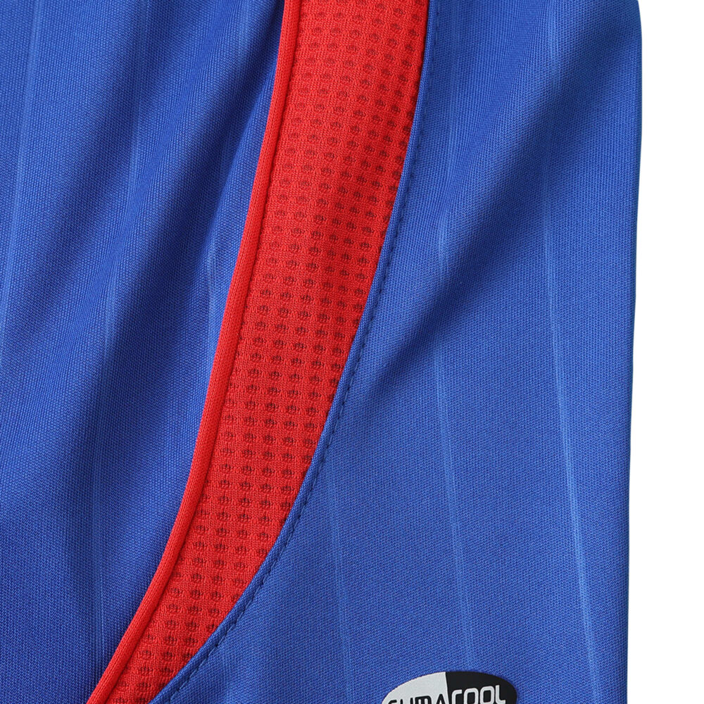 Close-up of France Retro Home 2006 Fan Version jersey, showing the blue fabric with a red stripe and Climacool logo.