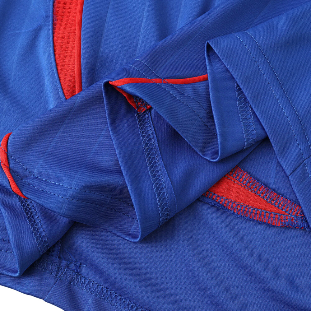 Close-up of the sleeve detailing on the France Retro Home 2006 Fan Version jersey, showcasing blue fabric with red accents.