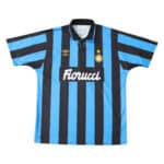 Inter Milan Retro Home Jersey 1992/93 Fan Version, featuring blue and black stripes, Fiorucci sponsor logo, and gold star above the crest.