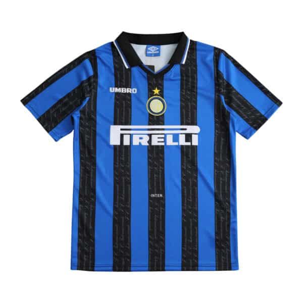 Inter Milan Retro Home 1997/98 Fan Version jersey. Blue and black stripes, Pirelli sponsor logo, Umbro logo, Inter crest.