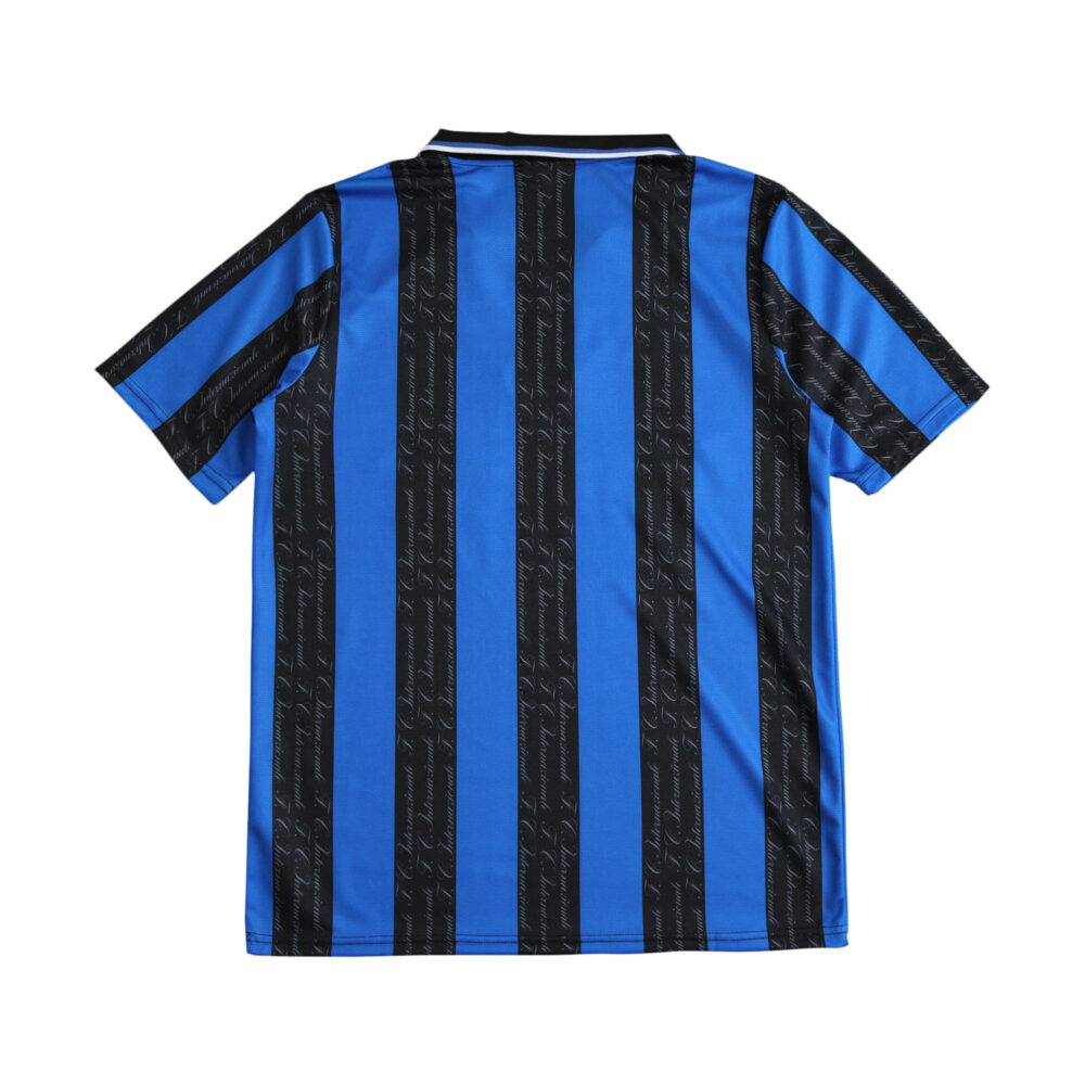 Inter Milan Retro Home 1997/98 Fan Version jersey in blue and black vertical stripes, displayed on a product page.