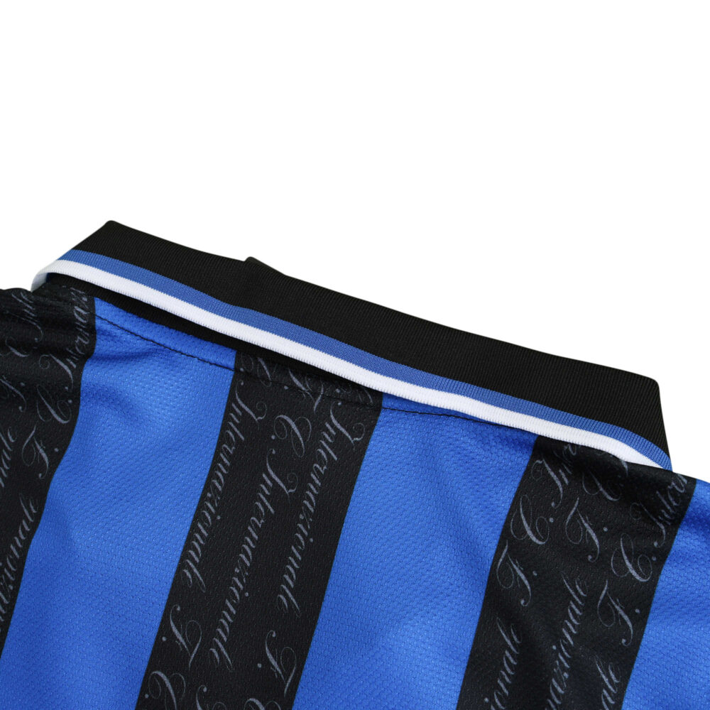 Close-up of the Inter Milan 1997/98 retro home jersey neck area, showcasing black and blue stripes with iconic detailing.