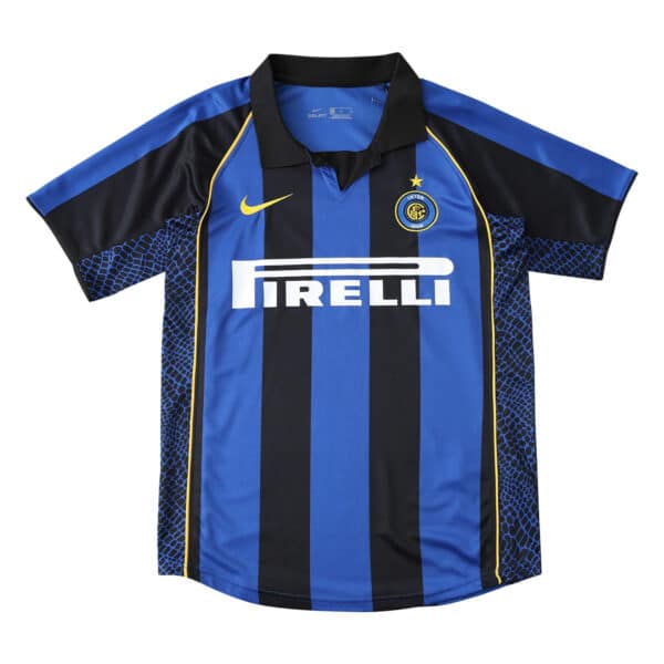 Inter Milan Retro Home Jersey 2001/02 Fan Version in black and blue stripes with Pirelli logo on front.