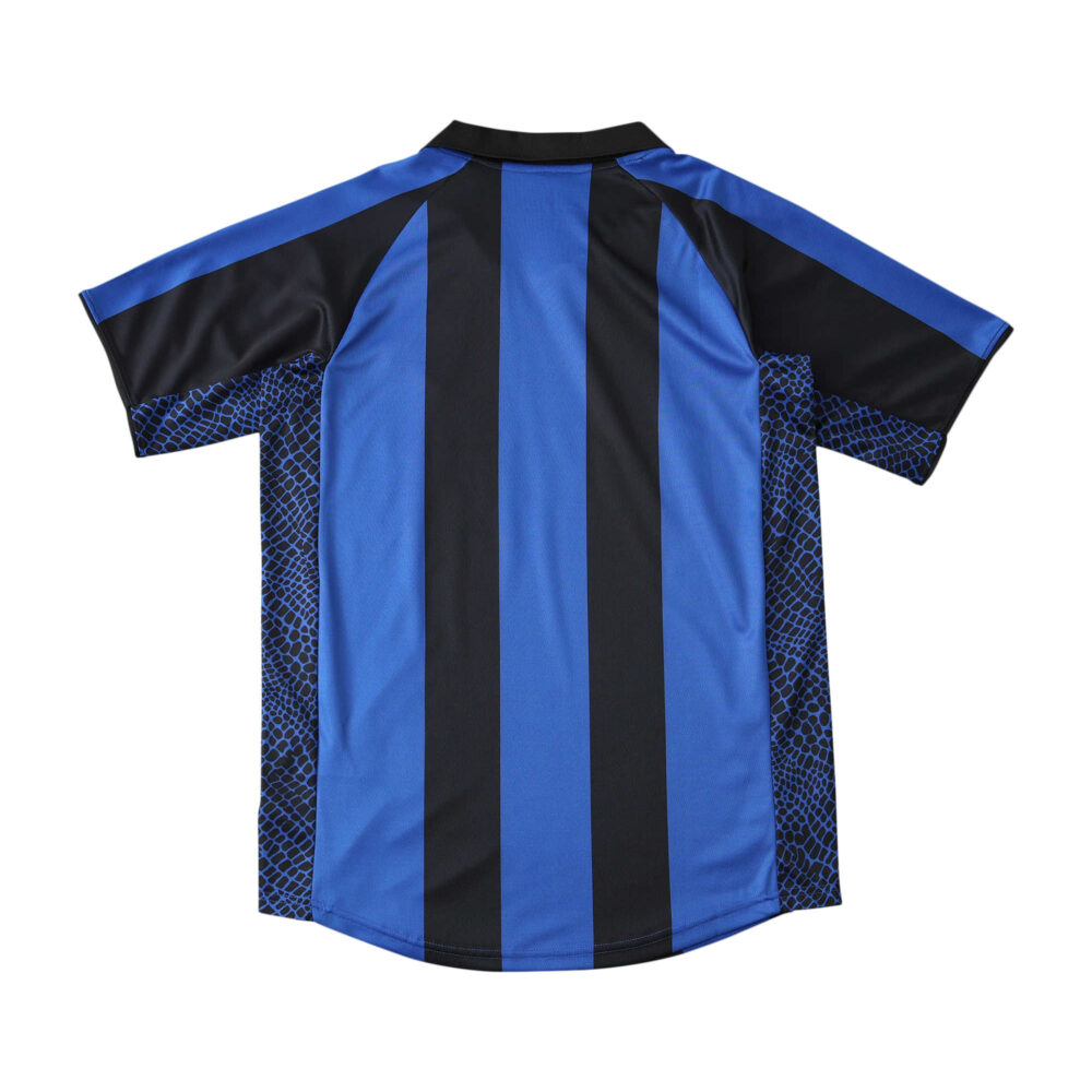 Inter Milan Retro Home shirt from the 2001/02 season, fan version, featuring blue and black vertical stripes and a black collar.