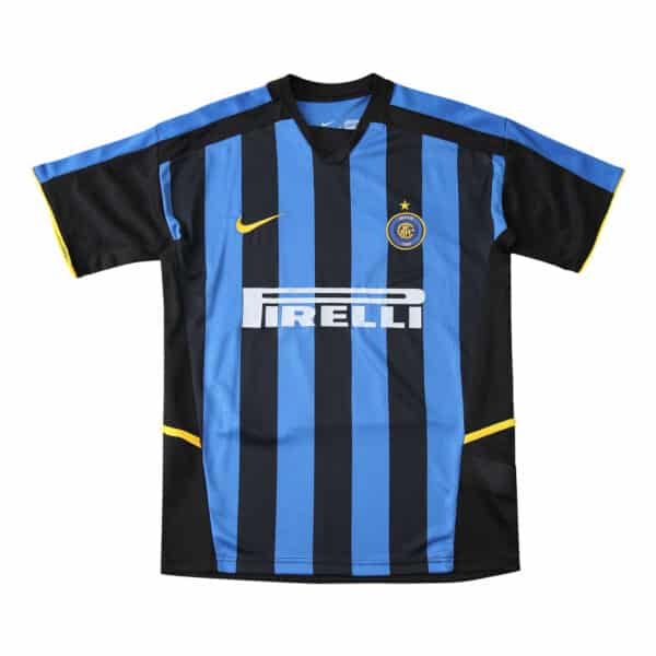 Inter Milan Retro Home Jersey | 2002/03 season | Fan Version with blue and black stripes, Pirelli sponsor logo, Nike swoosh.