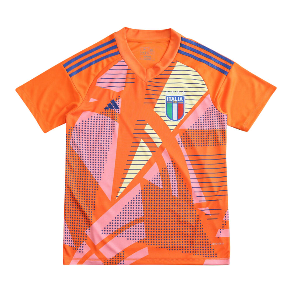 Italy Goalkeeper 2024 Fan Version jersey. Orange with blue and pink geometric patterns, featuring the Italy crest on the chest.