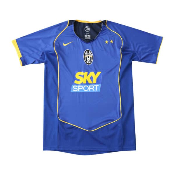 Juventus Retro Away 2004/05 Fan Version jersey, blue with yellow accents, SKY SPORT sponsor logo on the front, and Juventus emblem.