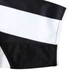 Close-up of the sleeve of the Juventus Retro Home 2004/05 fan version jersey, featuring black and white diagonal stripes.