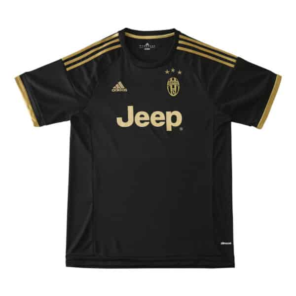 Juventus Retro Third Jersey 2015/16 Fan Version - Black with gold details, Jeep and Adidas logos on the front.