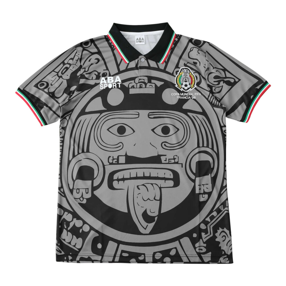 Mexico Retro Away 1998 Fan Version jersey, featuring an Aztec calendar design in black and gray with ABA SPORT logo.