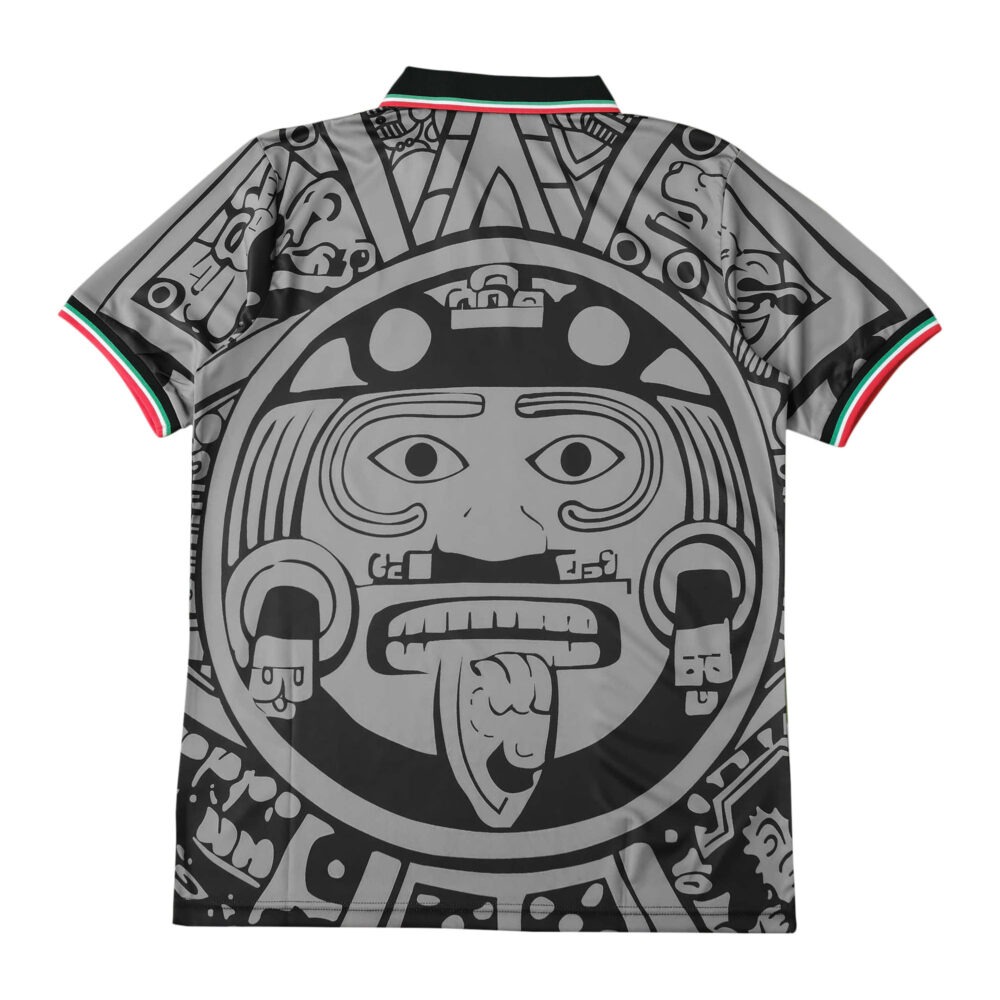 Back view of the Mexico Retro Away jersey, 1998 Fan Version, featuring an Aztec-inspired design in black and gray with a red-white-green collar.