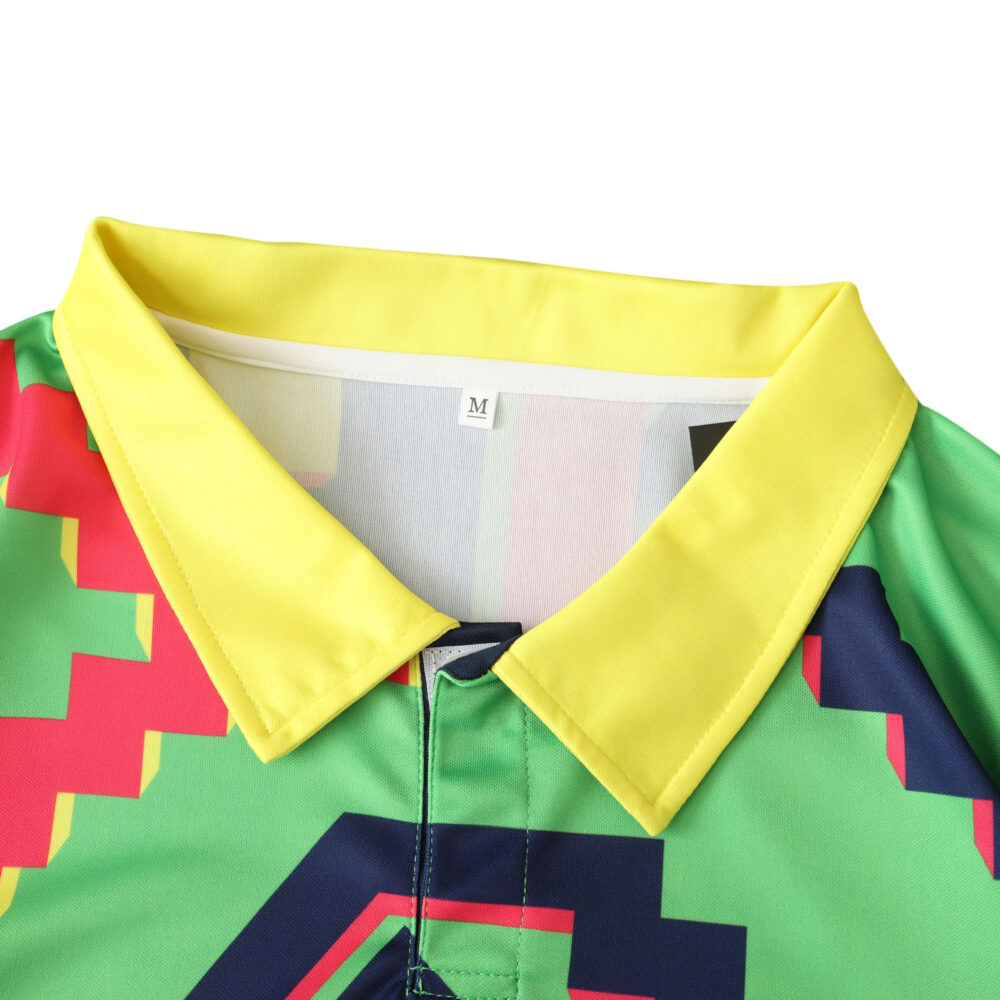 Close-up of the Mexico Retro Goalkeeper 1995 Player Version jersey collar, showcasing vibrant colors and geometric patterns.