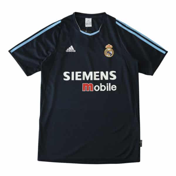 Real Madrid Retro Away Fan Jersey | 2003/04 version featuring Siemens Mobile logo, black with blue stripes on shoulders.