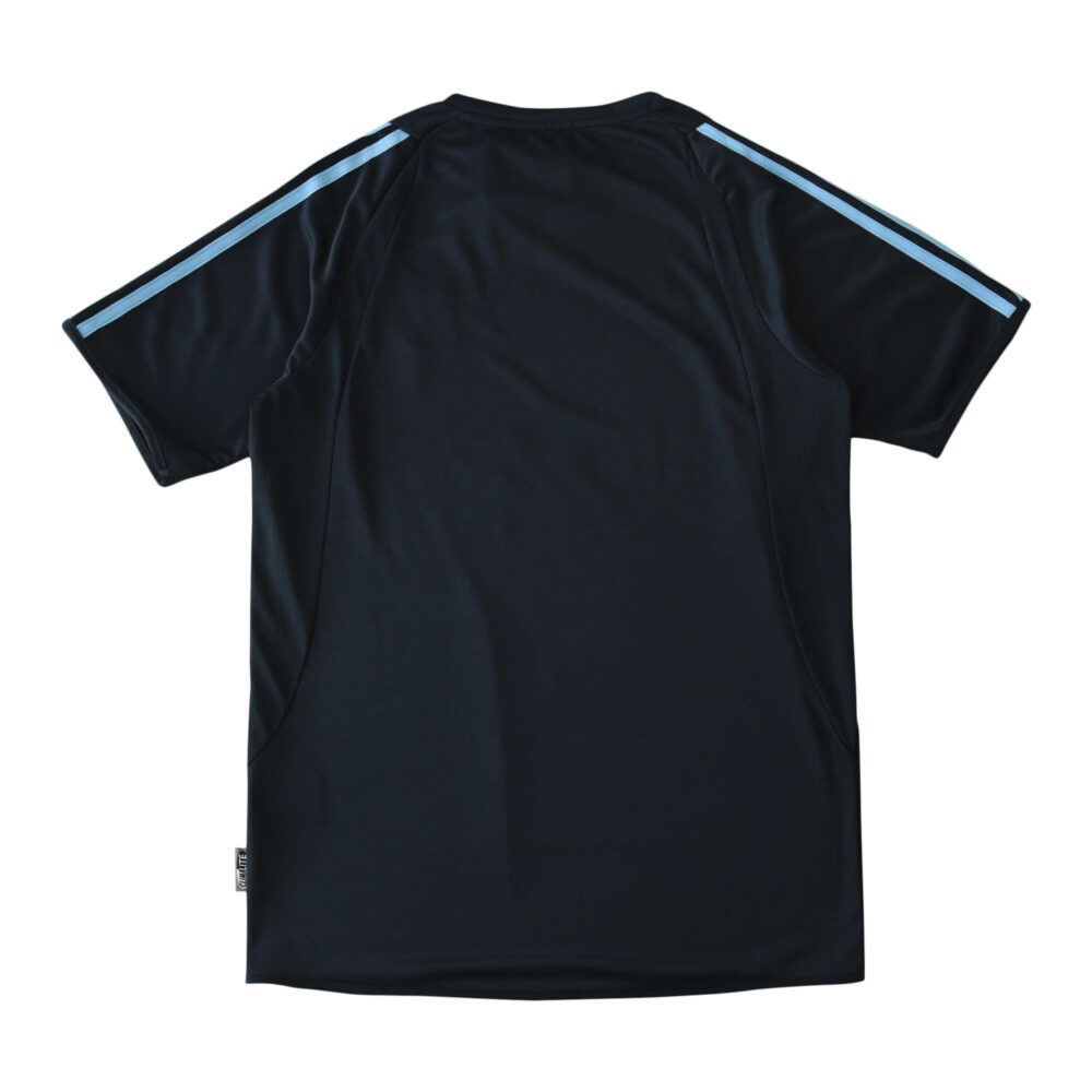 Back view of Real Madrid Retro Away Fan Version Jersey from the 2003/04 season in black with light blue stripes on shoulders.