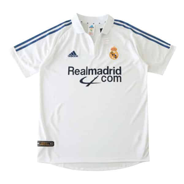 Real Madrid Retro Home Fan Version soccer jersey from the 2001/02 season, featuring the club's crest and sponsor logo.