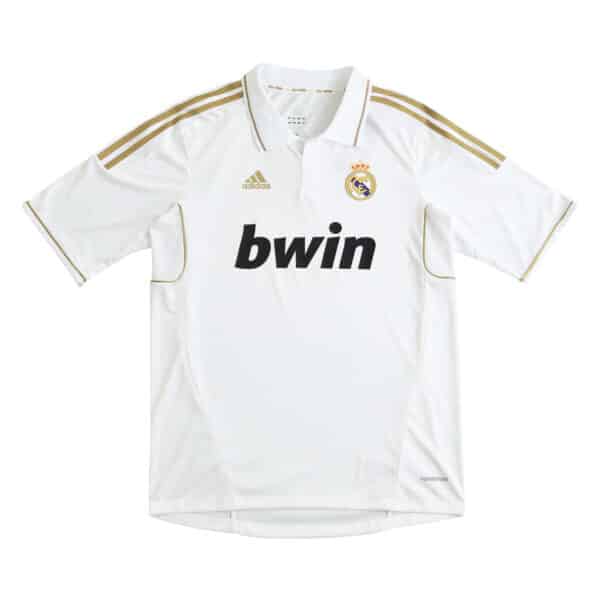 Real Madrid Retro Home 2011/12 Player Version jersey in white with bwin sponsor and gold Adidas stripes on shoulders.