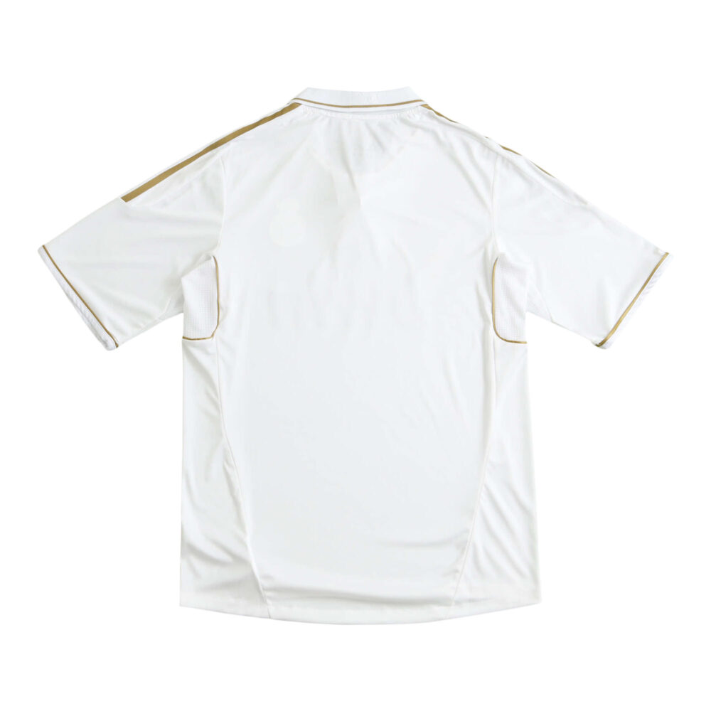 Back view of Real Madrid Retro Home 2011/12 Player Version jersey, featuring white fabric with minimal gold piping details.