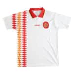 Spain Retro Away Fan Version 1994 soccer jersey, white with red and orange diamond pattern on the left side, Adidas logo.