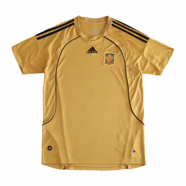 Spain Retro Away | 2008 | Fan Version soccer jersey, yellow with black stripes on shoulders, Spain's emblem on the left chest.
