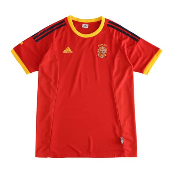 Spain Retro Home 2002 Fan Version soccer jersey displayed; red with yellow accents, Adidas logo on right chest.