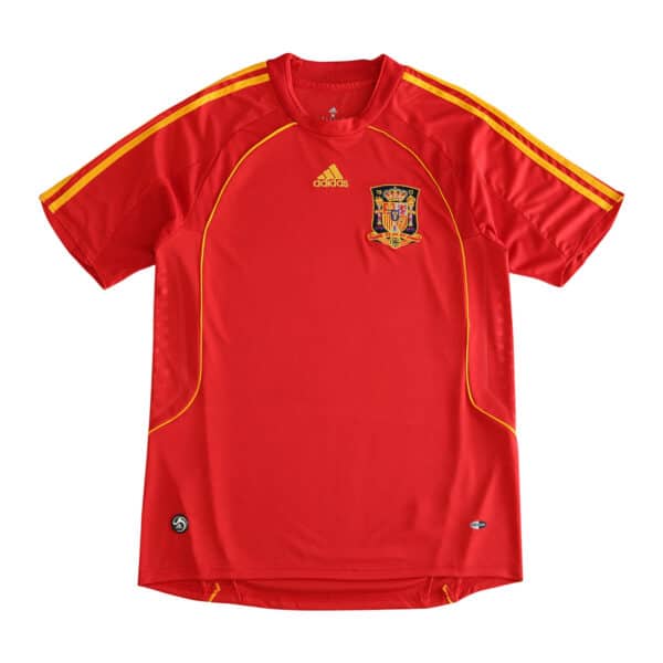 Spain Retro Home | 2008 | Fan Version red soccer jersey with yellow stripes and embroidered Spain national team logo on the chest.