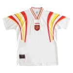 Spain Retro Third | 1996 | Fan Version. White jersey with red and yellow stripes, Spain's crest on chest, Adidas logo beneath collar.