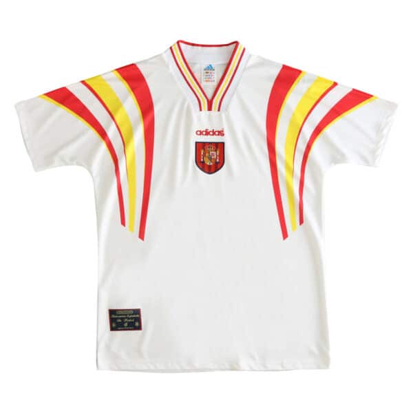 Spain Retro Third | 1996 | Fan Version. White jersey with red and yellow stripes, Spain's crest on chest, Adidas logo beneath collar.