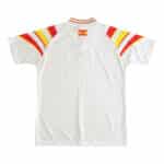 Back view of the Spain Retro Third 1996 Fan Version jersey, featuring red and yellow stripes on white fabric with a Spanish flag logo.