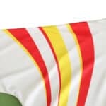 Close-up view of Spain Retro Third Fan Version jersey from 1996, featuring red and yellow stripes on a white background.
