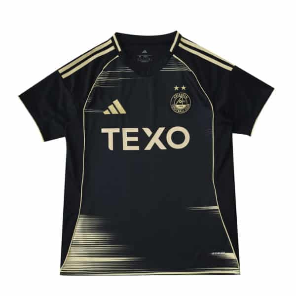 Aberdeen Away 2025/26 Fan Version jersey in black with gold accents, sponsor logo "TEXO" on front.