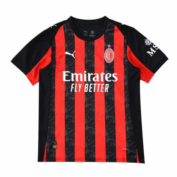 AC Milan Home 2025/26 Fan Version jersey with red and black stripes, Puma logo, and Emirates sponsor.