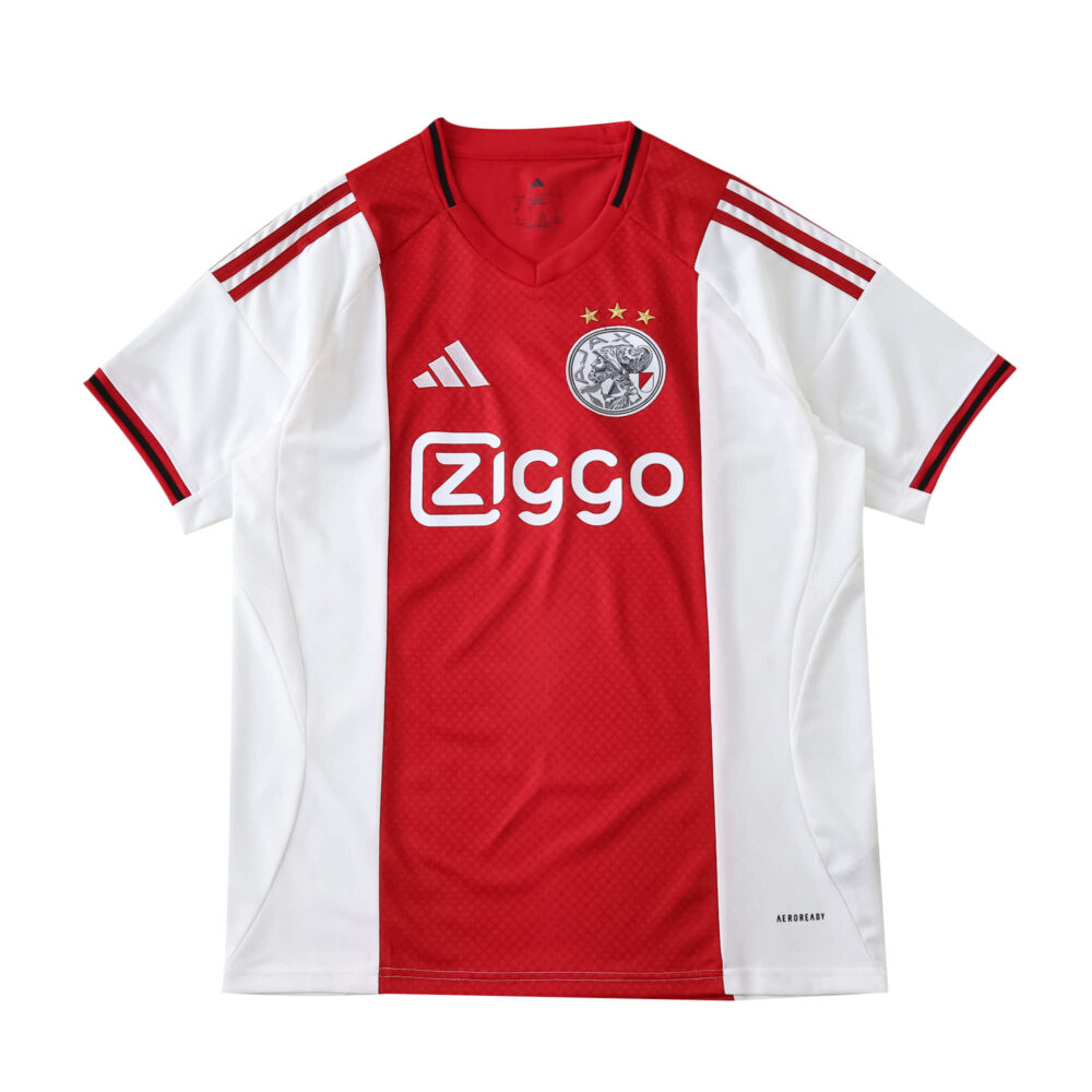 Ajax Home 2025/26 Fan Version jersey with Ziggo logo, red center panel, white sleeves, and club crest.
