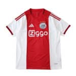 Ajax Home 2025/26 Fan Version jersey with Ziggo logo, red center panel, white sleeves, and club crest.