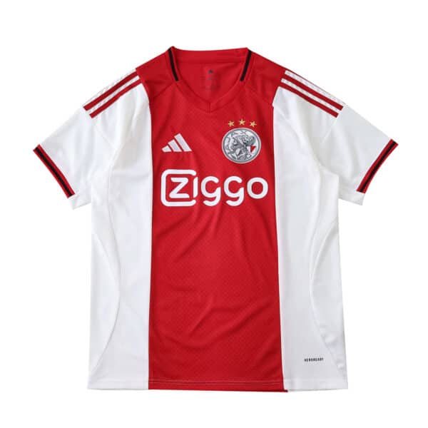 Ajax Home 2025/26 Fan Version jersey with Ziggo logo, red center panel, white sleeves, and club crest.