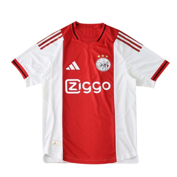 Ajax Home 2025/26 Player Version jersey with red and white colors, Ziggo sponsor, and club crest.
