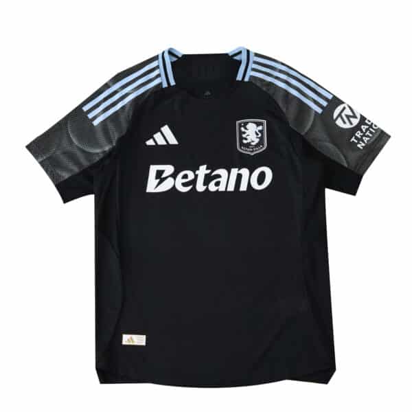 Aston Villa Away 2025/26 Player Version jersey, black with light blue accents and sponsor logos.