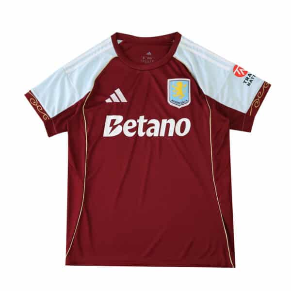 Aston Villa 2025/26 home fan jersey, maroon with white sleeves, club crest and Betano sponsor logo.